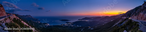 Budva riviera night coastline. Montenegro, Balkans, Adriatic sea.