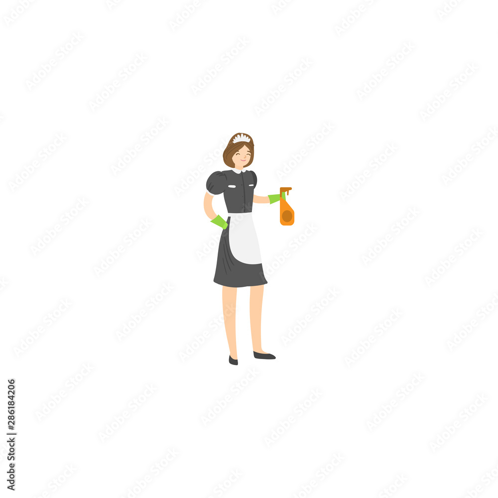 Maid with a squirting spray bottle. Raster illustration isolated on white background Maid with a squirting spray bottle. Raster illustration isolated on white background