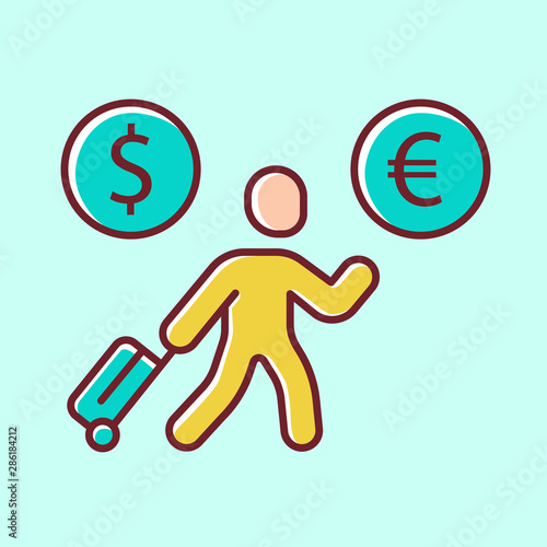 Economic migrant yellow color icon. Person searching new home, skilled worker seeking better future. Business immigrant. Refugee with luggage. Travelling abroad. Isolated vector illustration