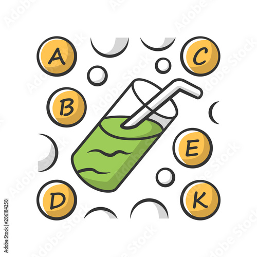 Vitamin cocktail color icon. A, B, C, D, E, K vitamins. Multivitamins drink. Vital minerals and antioxidants. Healthcare and medicine. Isolated vector illustration