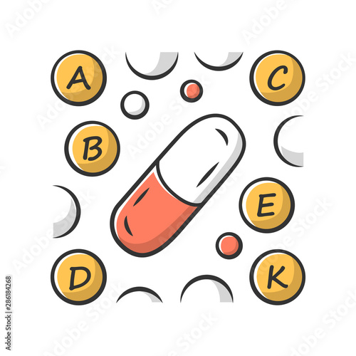 Vitamin pills color icon. A, B, C, D, E, K multi vitamins complex. Multivitamin medication. Vital minerals and antioxidants. Healthcare and medicine. Isolated vector illustration
