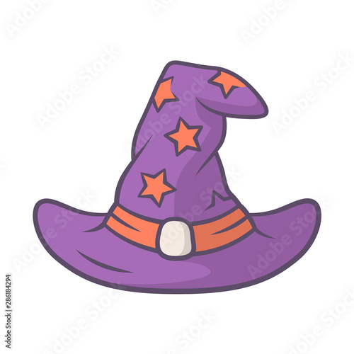 Wizard hat purple color icon. Witch magic cap. Magician, sorceress cap. Halloween costume accessory. Witchcraft, sorcery fantasy item. Wicked wizard object. Isolated vector illustration