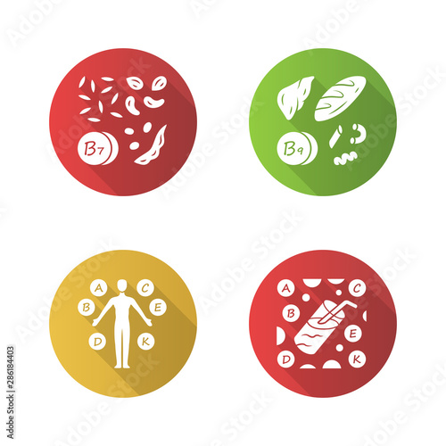 Vitamins color icons set. B1, B9 natural food source. Vitamin complex, cocktail. Nuts, flour products. Proper nutrition. Healthy food. Healthcare. Minerals, antioxidants. Isolated vector illustrations