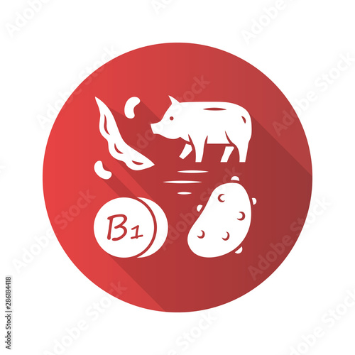 Vitamin B1 red flat design long shadow glyph icon. Potato, pork and green bean. Thiamin natural food source. Vegetables, meat products. Mineral, antioxidant. Vector silhouette illustration