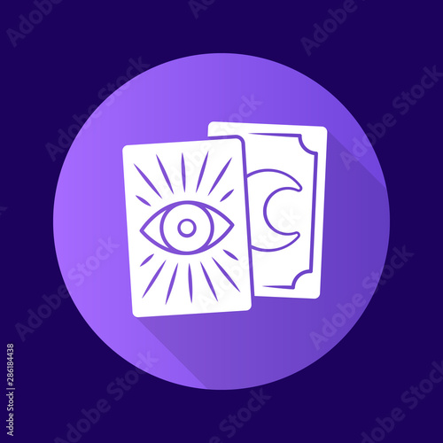 Tarot cards purple flat design long shadow glyph icon. Tarocchi, tarock, oracle cards. Fortune telling, divination, cartomancy. Occultism, witchcraft magical tool. Vector silhouette illustration