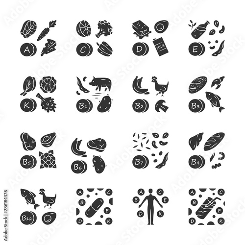 Vitamins glyph icons set. A, C, D, E, K, B natural food source. Vitamin pill, complex, cocktail. Fruits and vegetables. Proper nutrition. Minerals, antioxidants. Vector isolated illustration