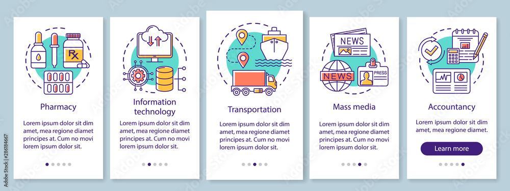 Service industries onboarding mobile app page screen with linear concepts. Media, information technology. Five walkthrough steps graphic instructions. UX, UI, GUI vector template with illustrations
