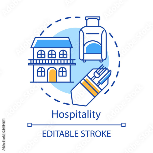 Hospitality concept icon. Lodging industry. Restaurant and hotel service. Accommodation for travelers. Tourist sector idea thin line illustration. Vector isolated outline drawing. Editable stroke