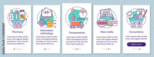 Service industries onboarding mobile app page screen with linear concepts. Media, information technology. Five walkthrough steps graphic instructions. UX, UI, GUI vector template with illustrations
