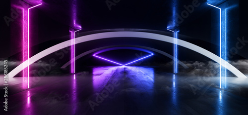 Smoke Sci Fi Oval Arc Spaceship Glowing Neon Purple Blue Futuristic Virtual Grunge Concrete Cement Reflective Dark Night Tunnel Corridor Hallway Gate Ceiling Floor 3D Rendering