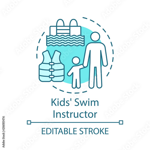 Kids swim instructor concept icon. Swimming teacher, coach idea thin line illustration. Educator, trainer. Swimming lesson. Learning and training. Vector isolated outline drawing. Editable stroke