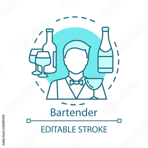 Bartender concept icon. Barman, barkeeper idea thin line illustration. Restaurant, bar staff. Catering business. Wine, alcoholic beverage in bottle. Vector isolated outline drawing. Editable stroke