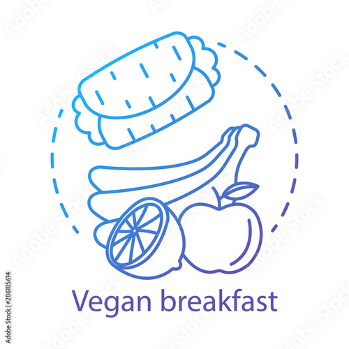 Vegan breakfast, organic food concept icon. Healthy nutrition idea thin line illustration. Delicious fruits. Fresh apple, ripe bananas, lemon and vegetarian burrito vector isolated outline drawing