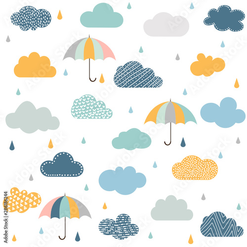 Seamless pattern with clouds, rain and umbrella