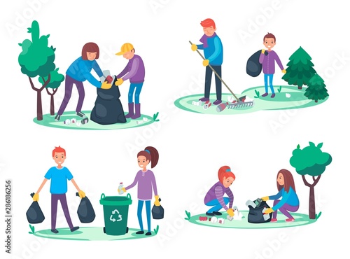 Boys and girls take away litter and garbage. Environmental cleanup concept. Group of People making a forest or park clean or tidy. Ecological vector illustration cartoon flat style.