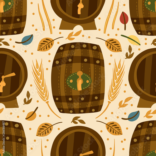 Beer festival vector seamless pattern. Oktoberfest colour illustration with barrel, wheel and autumn leaves in flat scandinavian style. photo