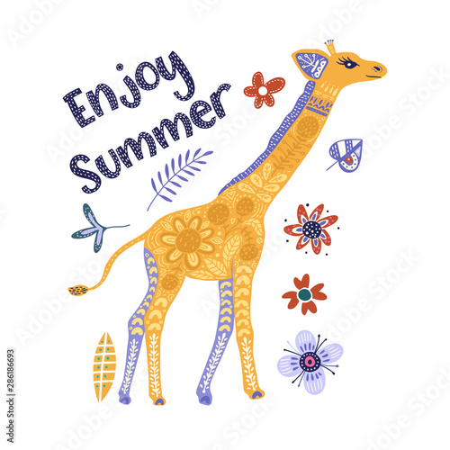 Cartoon giraffe vector flat illustration in scandinavian style. Enjoy summer.