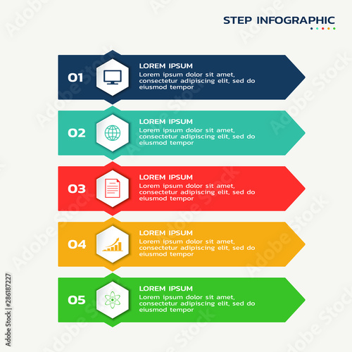 five steps infographic. process flowchart with color hexagons with icons and text
