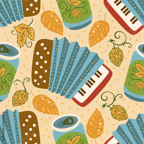 Beer festival vector seamless pattern. Oktoberfest illustration with beer can bottle, accordion, and autumn leaves in a flat style.