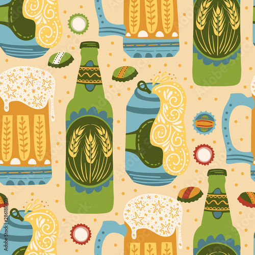 Beer festival vector seamless pattern. Oktoberfest colour ornate illustration with beer bottles and glasses.