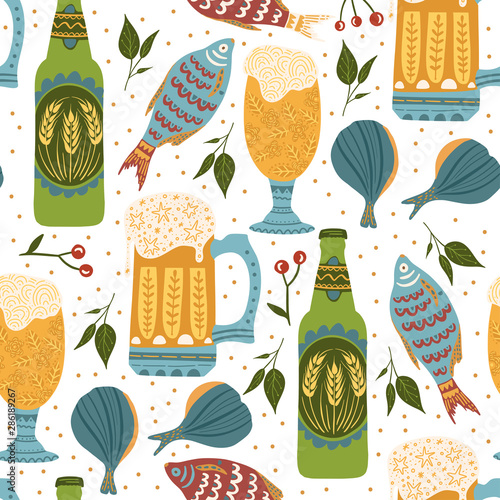 Beer festival vector seamless pattern. Oktoberfest colour ornate illustration with beer bottles, glasses and fish snack.