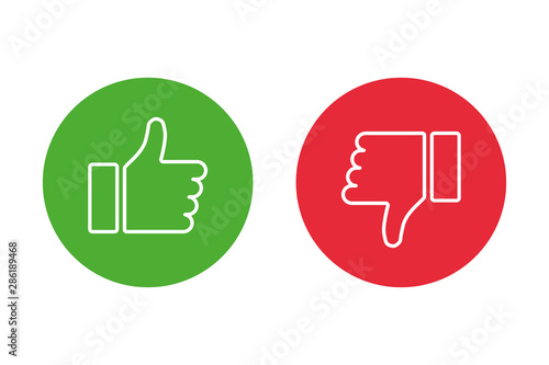 Thumbs up thumbs down red and green isolated vector like social media signs.