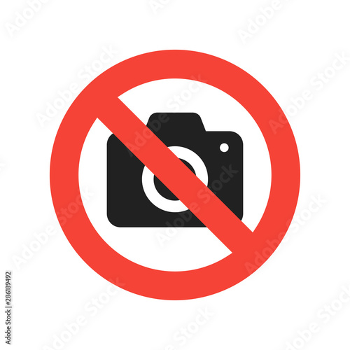 No camera allowed sign. Red no sign with camera in trendy flat design.