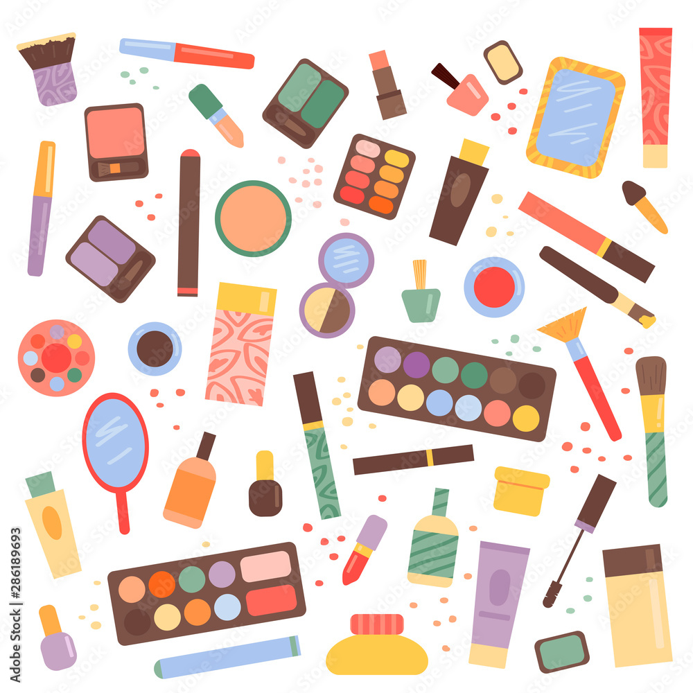 A large set of makeup. Different cosmetics and accessories. Set of items isolated on a white background. Vector illustration A large set of makeup. Different cosmetics and accessories. Set of items isolated on a white background. Vector illustration