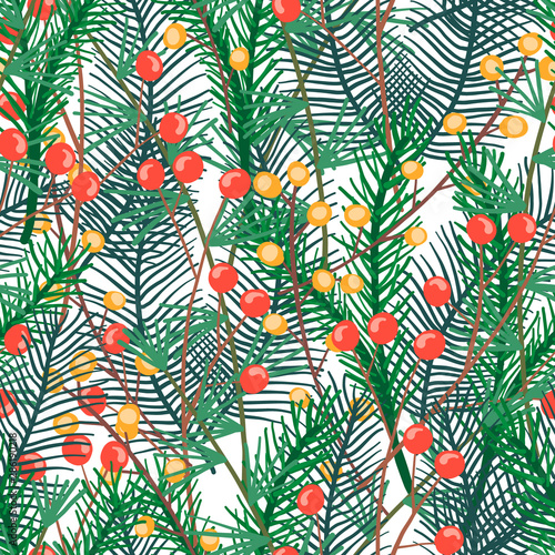 Light Christmas pattern with cute green coniferous branches and red and orange berries on white background. Cute doodle pine twigs with needles texture for textile, wrapping paper, surface, wallpaper