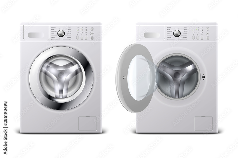 Vector 3d Realistic Modern White Steel Closed and Opened Washing Machine Icon Set Closeup Isolated on White Background. Design Template of Wacher. Front View, Laundry Concept