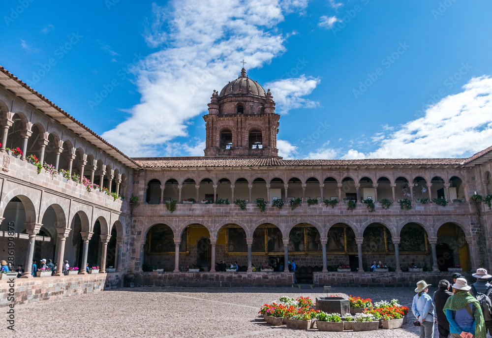 Colonial courtyard at Qoricancha and Santo Domingo in Cusco, Peru.