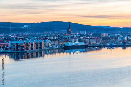 Sunset aerial view of Swedish town Sundsvall