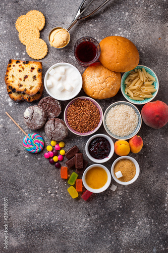 Assortment of simple carbohydrates food