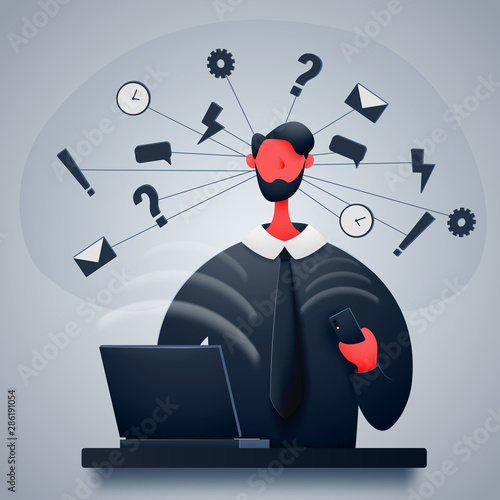 Overworked businessman or office worker sits at a table with a laptop and a phone. A person has a lot to do, he is very busy. Vector illustration.