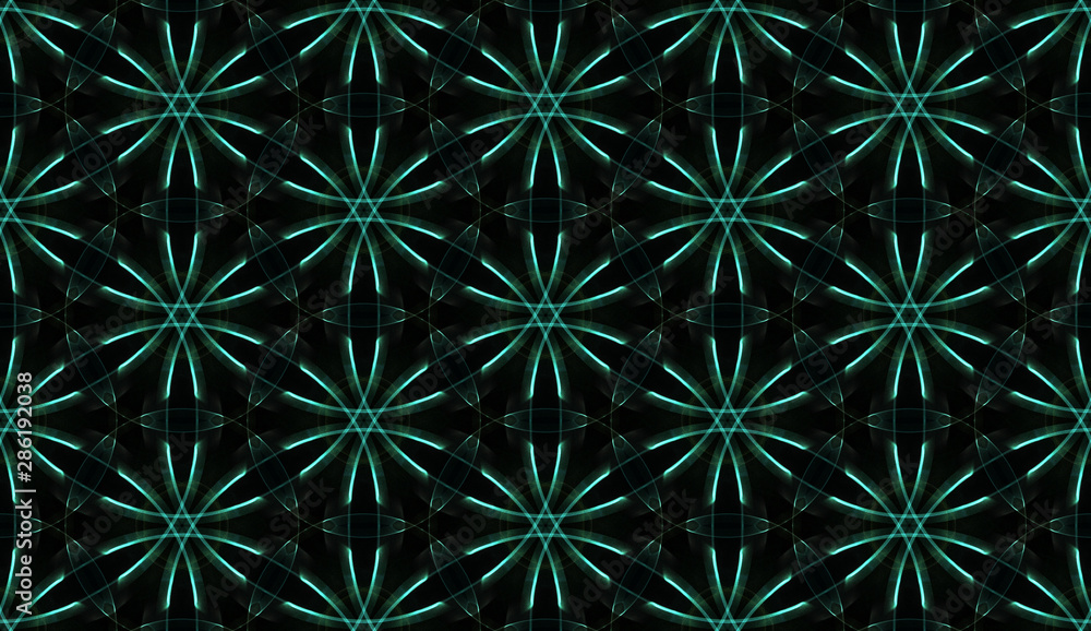 Hi-tech flowers. Futuristic seamless pattern on black background. Abstract design of repeating glowing elements. Hi-tech flowers. Futuristic seamless pattern on black background. Abstract design of repeating glowing elements.