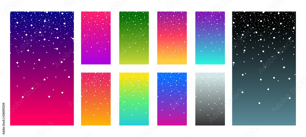 Soft color vibrant gradient modern screen vector ux ui design palette for mobile. Living smooth colorful background set in trendy colors with snowflake. Festive event illustration - obrazy, fototapety, plakaty 