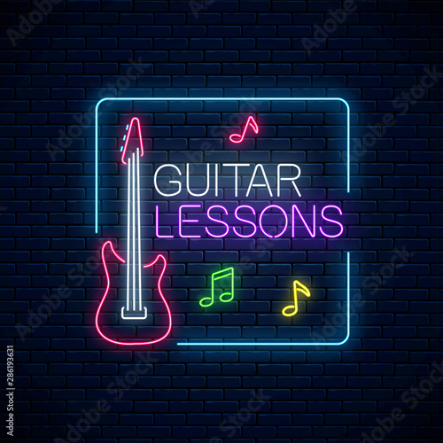 Guitar lessons glowing neon poster or banner template. Guitar training advertising flyer in neon style