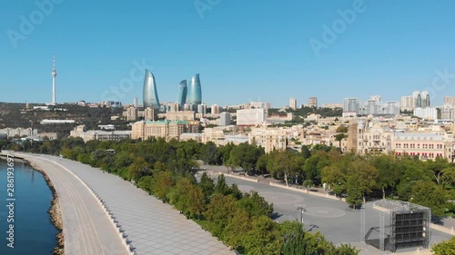 Baku, Azerbaijan. Aerial view coastline of Baku with sea side and city center of the capital and industrial, political and commercial center of Azerbaijan.