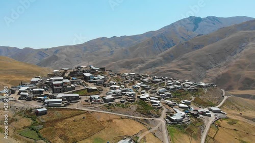 Khinalug, Quba, Azerbaijan. Aerial flight view of Xinaliq the ancient Caucasian village in the caucasian mountain between Russia and Azerbaijan