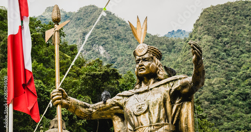 Aguas Calientes, Peru - 05/21/2019: Statues of Inca Emperor Pachacuti in Aguas Calientes square in Peru outside Machu Picchu.