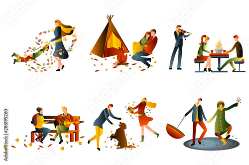 People in the autumn park having fun, walking the dog, riding bicycle, jumping on puddle, playing with autumn leaves, man with umbrella and bulldog. Set casual men and women in forest in fall vector