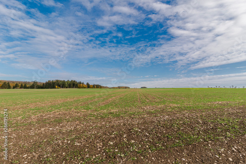 Panorama view in the autumnal nature. With fields trees and quiet nature.