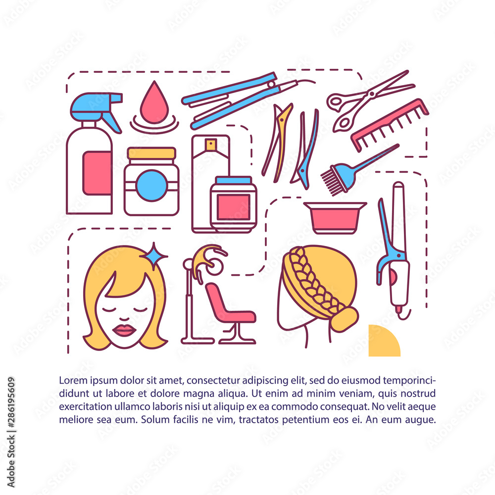 Hairdresser services article page vector template. Hair braid, hairdo. Brochure, magazine, booklet design element with linear icons and text boxes. Print design. Concept illustrations with text space Hairdresser services article page vector template. Hair braid, hairdo. Brochure, magazine, booklet design element with linear icons and text boxes. Print design. Concept illustrations with text space