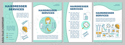 Hairdresser services brochure template layout. Hairdressing blue flyer, booklet, leaflet print design with linear illustrations. Vector page layouts for magazines, annual reports, advertising posters