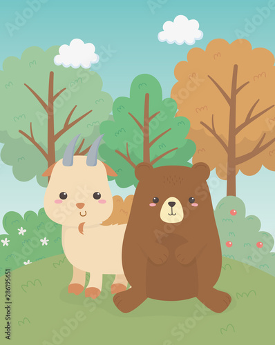 cute bear and goat animals farm characters