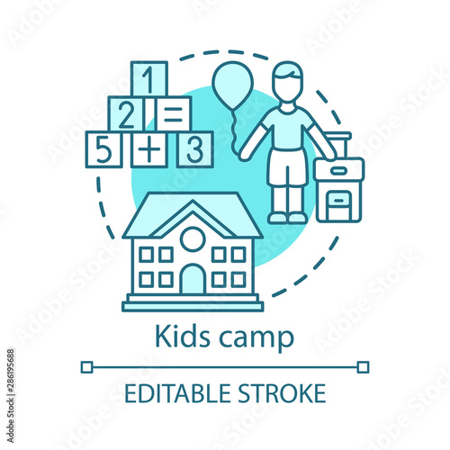 Kids, children camp concept icon. Summer club, community idea thin line illustration. Child holiday resort. Educational after school facility. Vector isolated outline drawing. Editable stroke
