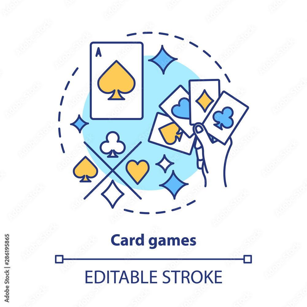 Card games concept icon. Poker & blackjack idea thin line illustration. Playing cards suits, aces. Gambling, games of chance. Casino. Vector isolated outline drawing. Editable stroke Card games concept icon. Poker & blackjack idea thin line illustration. Playing cards suits, aces. Gambling, games of chance. Casino. Vector isolated outline drawing. Editable stroke