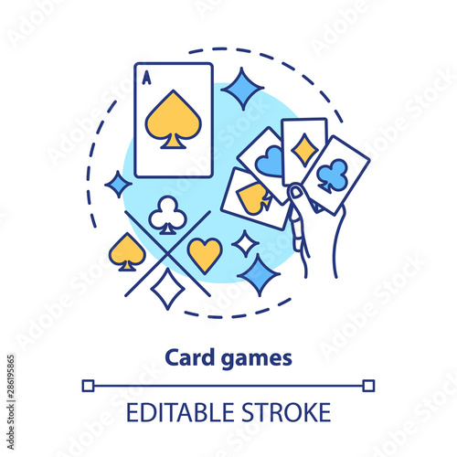 Card games concept icon. Poker & blackjack idea thin line illustration. Playing cards suits, aces. Gambling, games of chance. Casino. Vector isolated outline drawing. Editable stroke