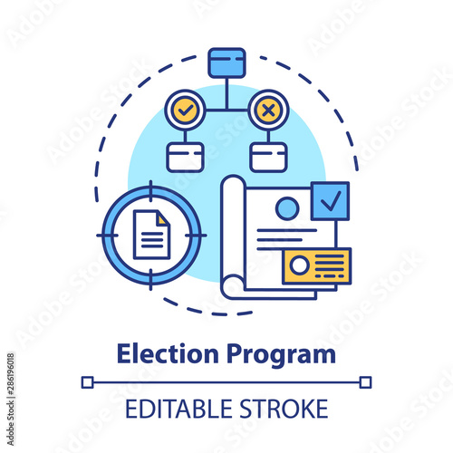Elections concept icon. Election program idea thin line illustration. Voting, referendum, public opinion and choice. Presenting new ideas. Vector isolated outline drawing. Editable stroke