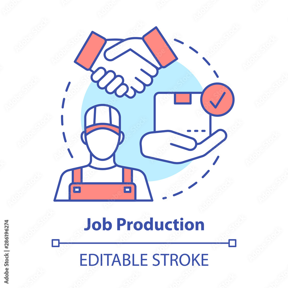 Job production concept icon. Jobbing and one-off production idea thin line illustration. Custom work producing, manufacturing. Individual work process. Vector isolated outline drawing. Editable stroke Job production concept icon. Jobbing and one-off production idea thin line illustration. Custom work producing, manufacturing. Individual work process. Vector isolated outline drawing. Editable stroke